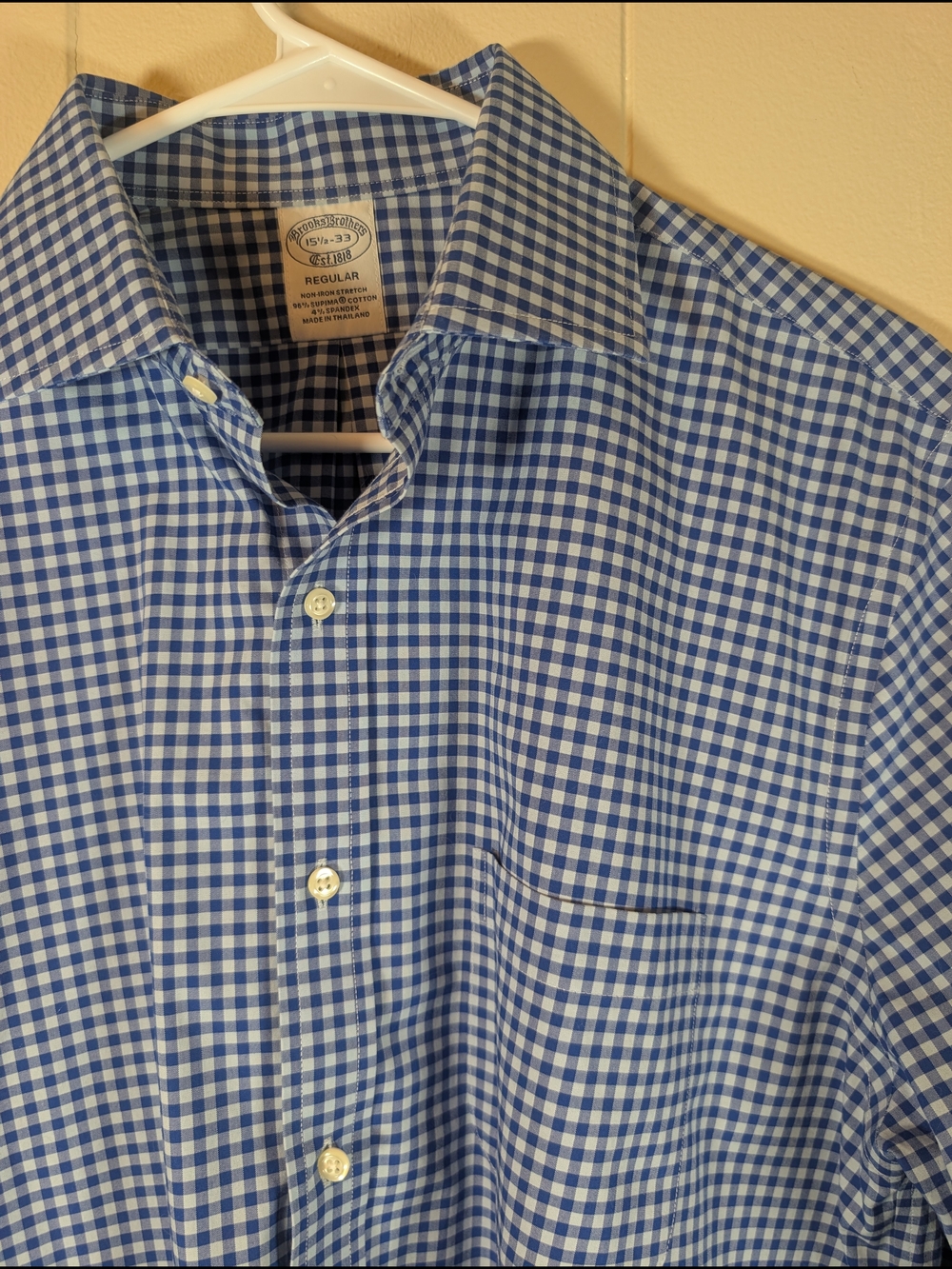 Brooks Brothers Dress Shirt 15.5- 33 Blue Gingham Check Non-Iron Stretch Regular